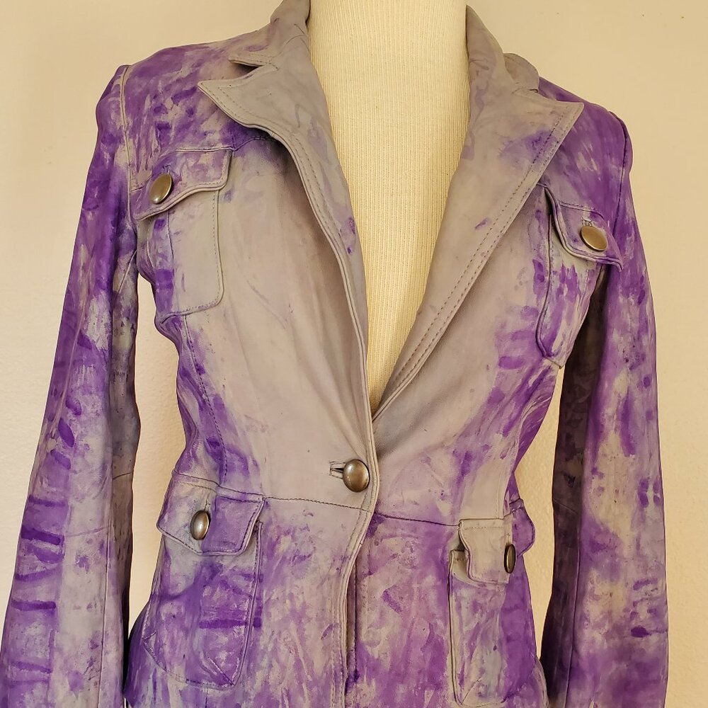 leather motorcycle biker jacket dyed painted gray blue purple coachella festival